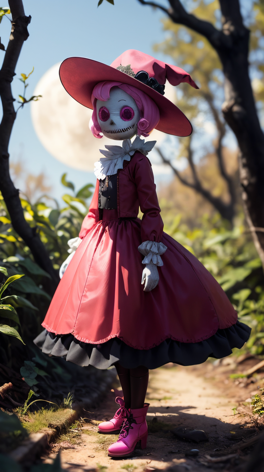 <lora:BarbieCore:0.8> BarbieCore a creepy scarecrow in an old woods, moon casting long shadows, (shiny plastic:0.8), (pink...